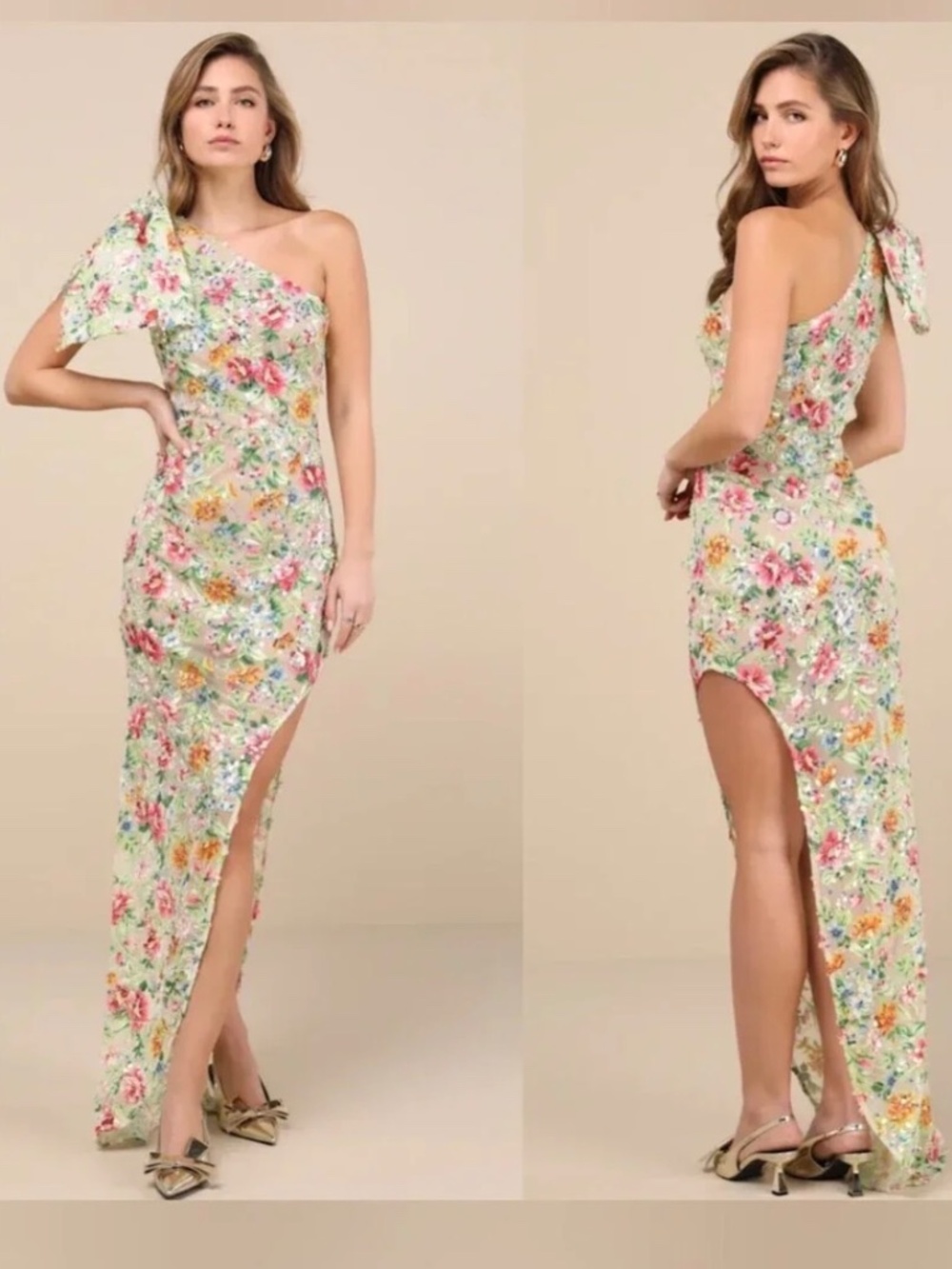 NWT Lulus x ELIATT Starla Hilo Beige Multi Sequin One-Shoulder Maxi XS